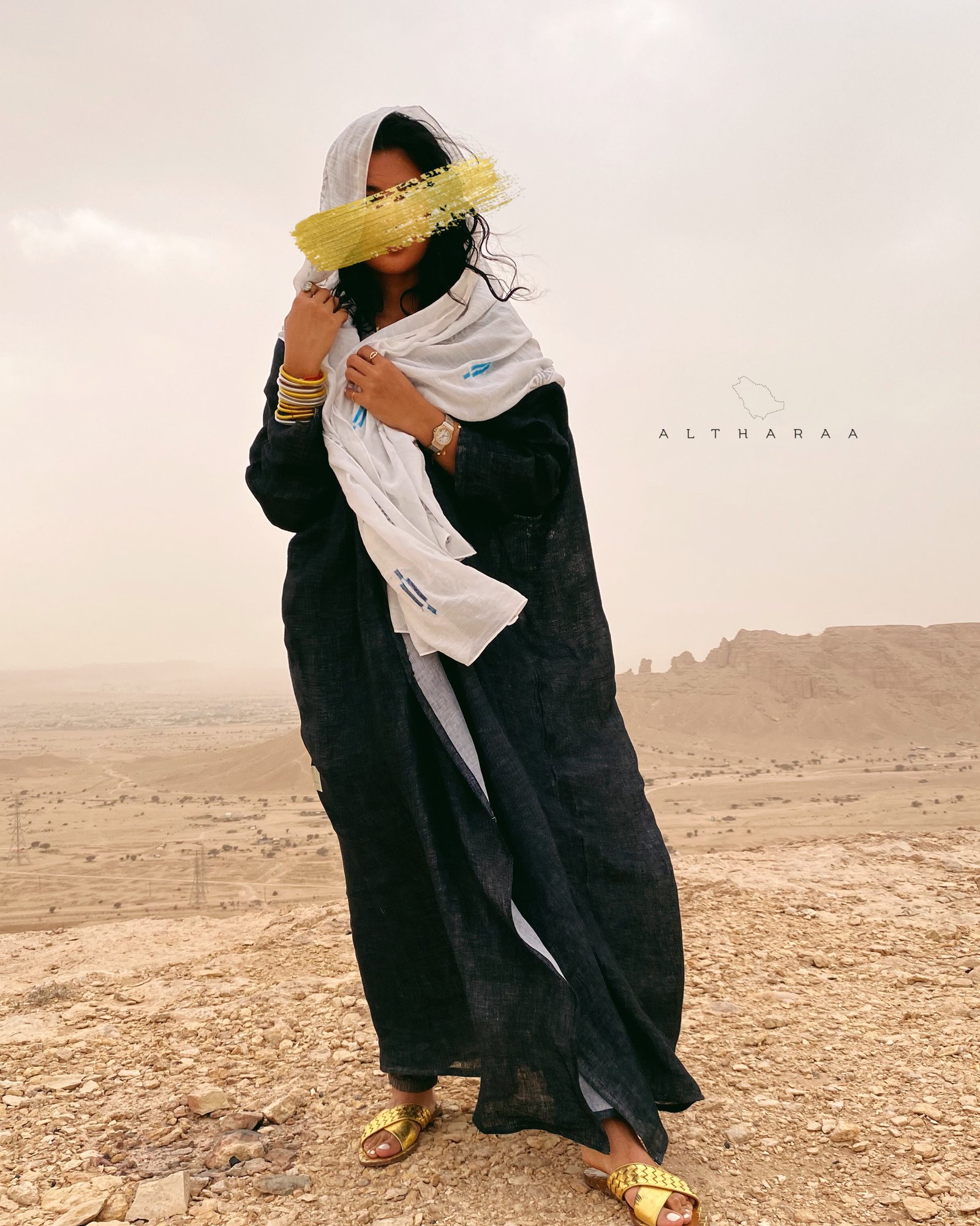 عباية لينن طبيعي أسود/ رمادي  - صورة 4
