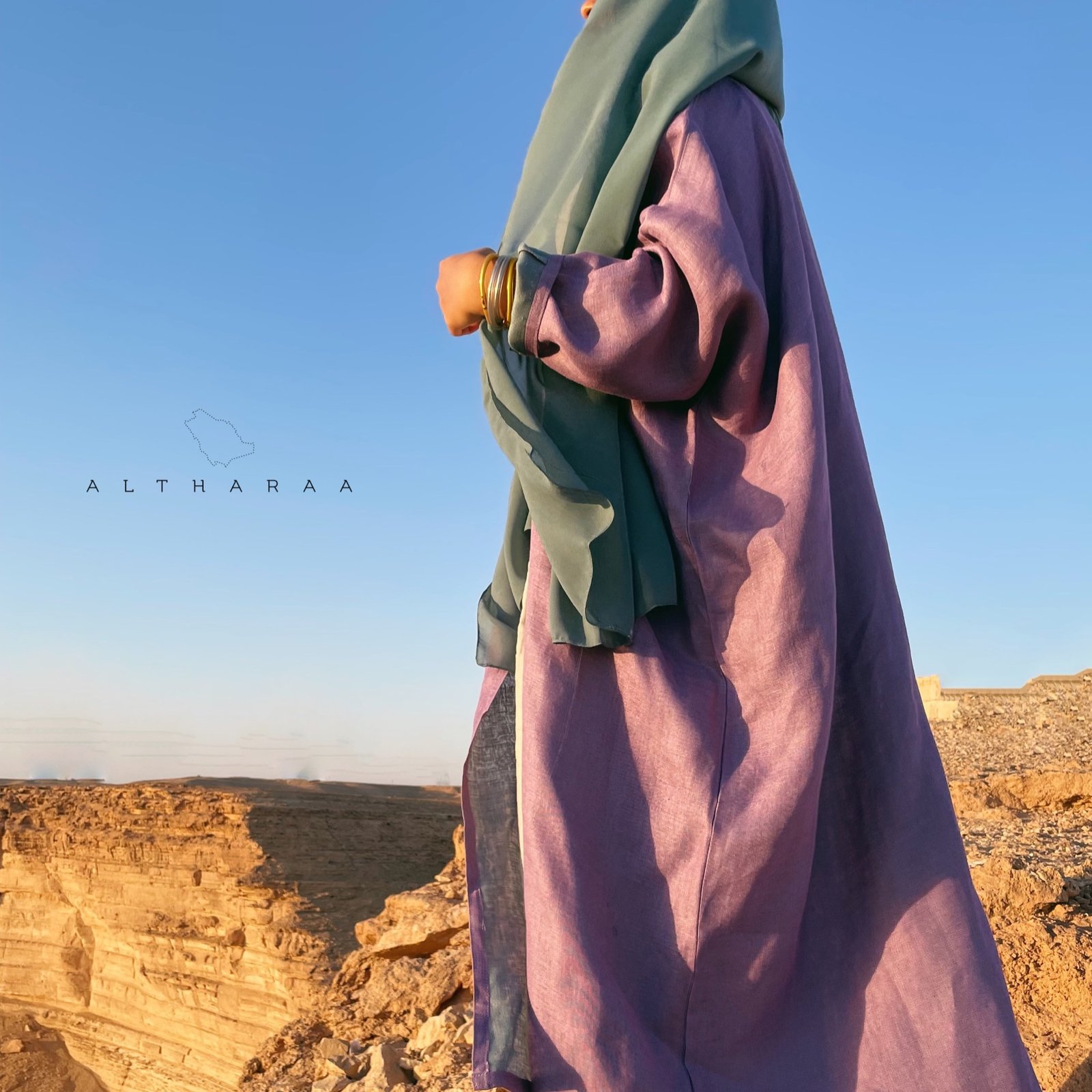 عباية لينن طبيعي موف/تركواز  - Image 5