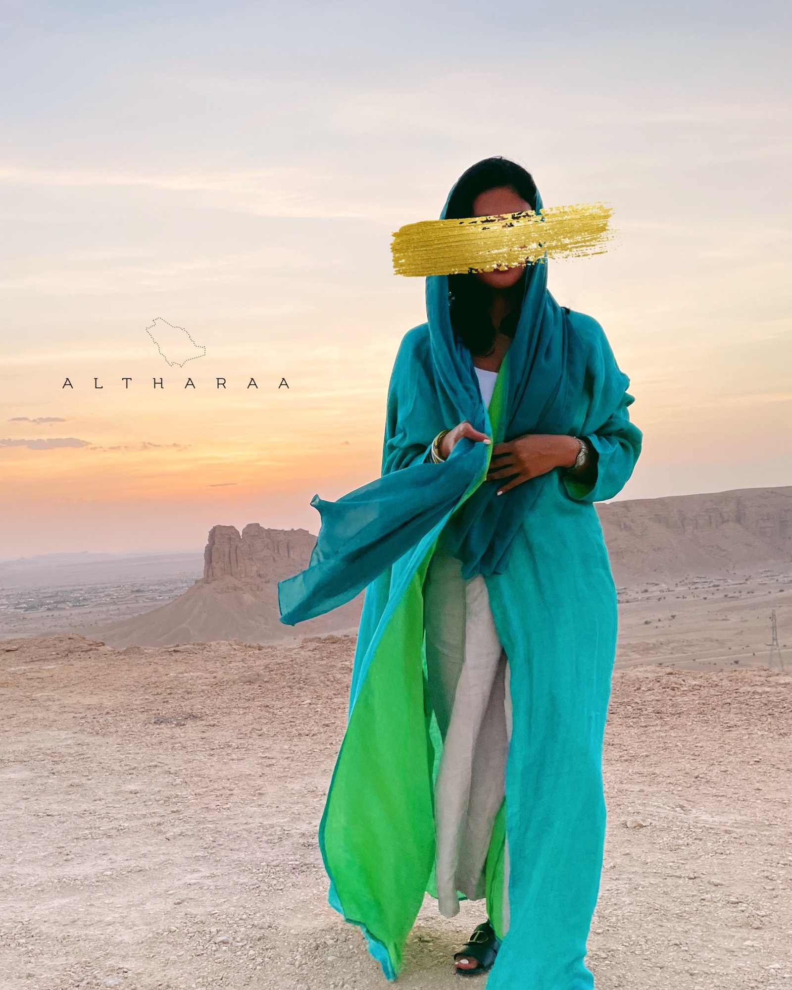 عباية لينن طبيعي تركواز/أخضر - صورة 3