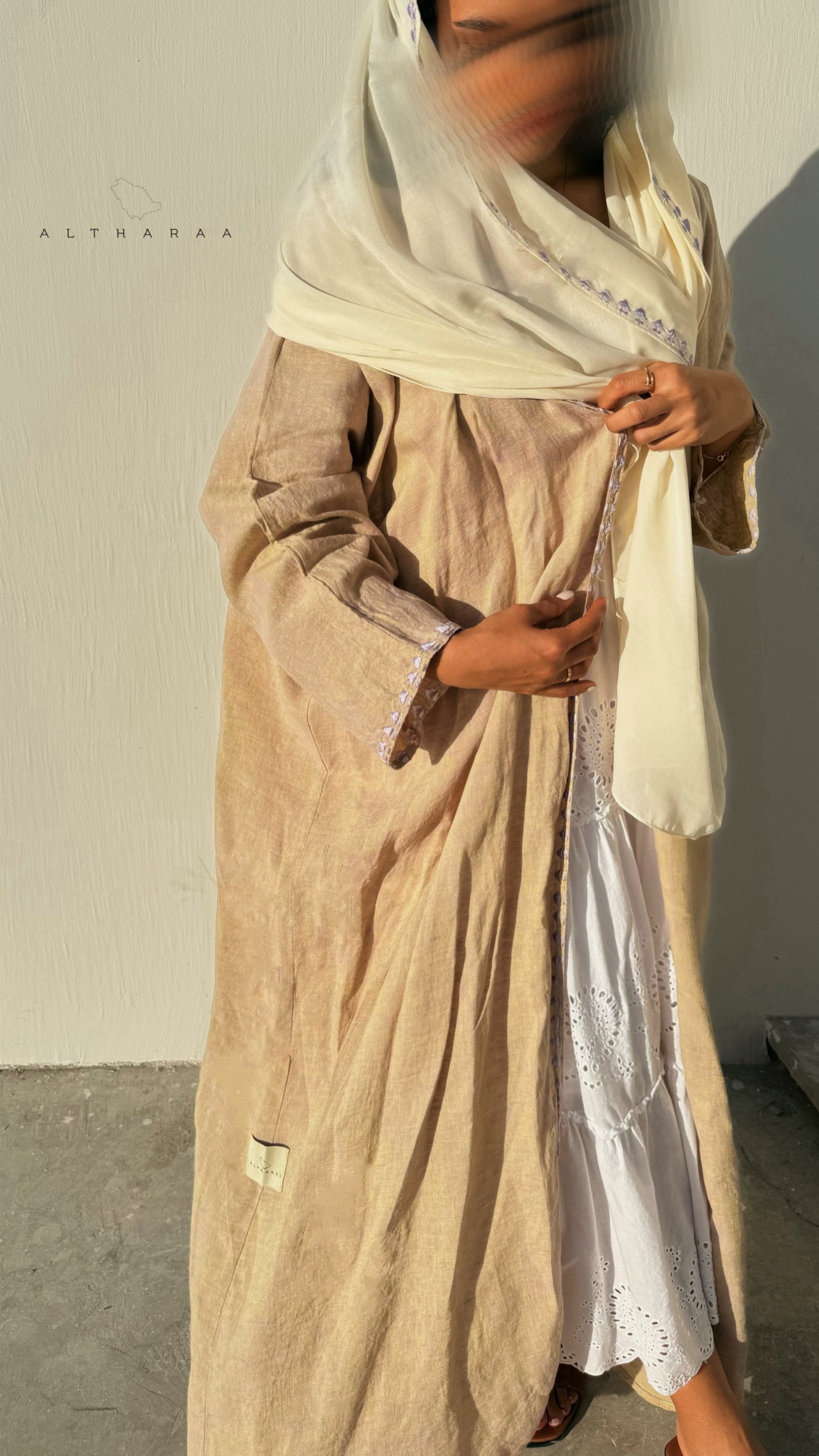 Embroidered Pure Linen Abaya (Yellow/Lilac) - Image 1