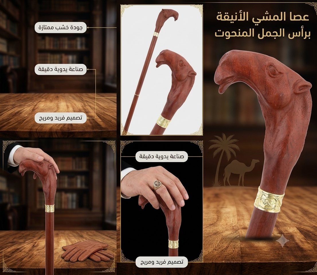 عصا خشبيه بنحت راس الجمل - صورة 1