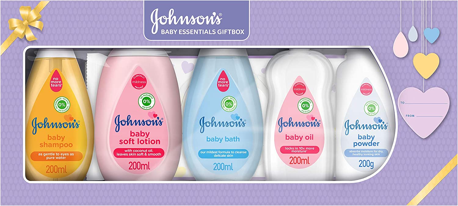 Johnson's Baby Essentials Gift Box: Baby Shampoo, Soft Lotion, Bath, Oil, Powder, Wipes - Image 1