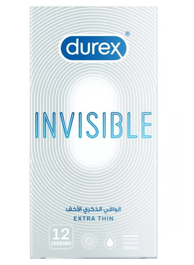 Durex Invisible Condoms, Ultra Thin, Ultra Sensitive Natural Rubber Latex Condoms for Men, 12 Condoms - Image 1