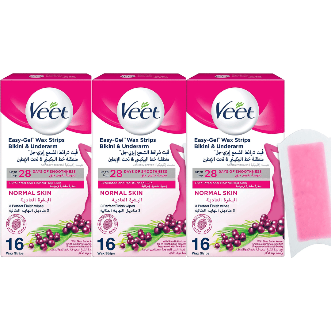 (Bundle Of 3 (Veet Easy-Gel Wax Strips for Bikini & Underarm - 16 Wax Strips - Image 1