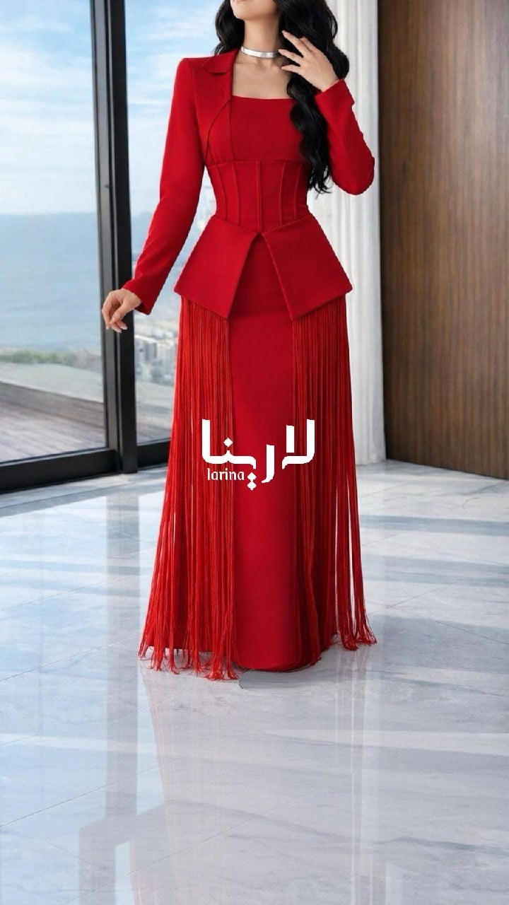 فستان هدب أحمر فاخر بشراريب انسيابية وتصميم ملكي - صورة 1