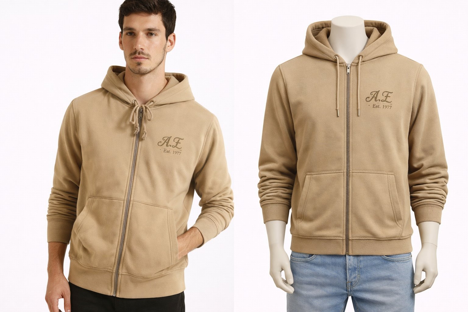 Men’s Beige Zip-Up Hoodie – Classic Style & Everyday Comfort 🤎 - صورة 1