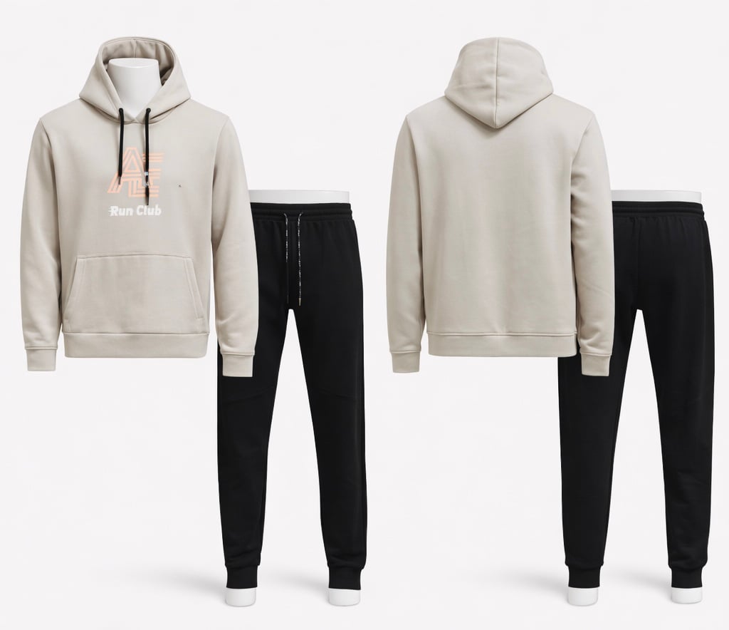 American Eagle Beige Hoodie & Black Jogger Tracksuit - Image 1