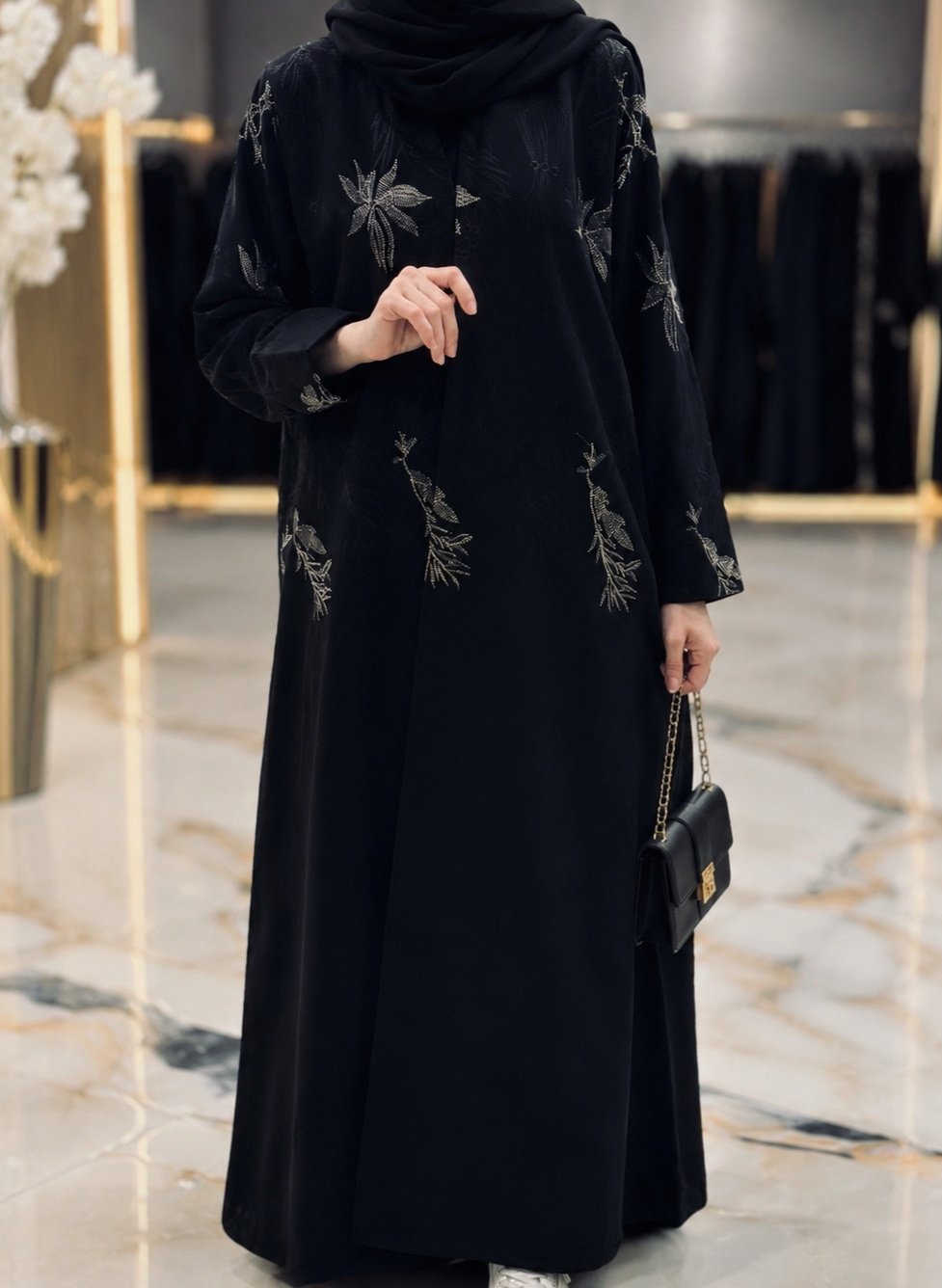 Luxury Black Blazer Abaya with Crystal Embroidery - Ceramic Fabric - Image 1