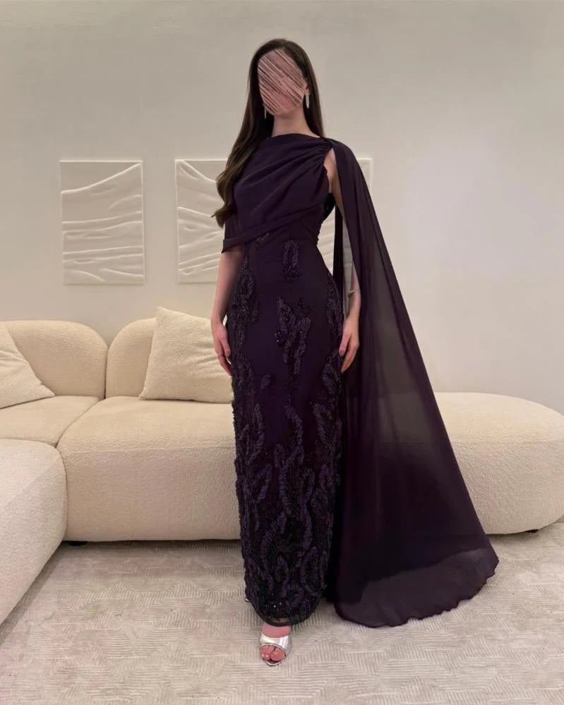 فستان سهرة لون بنفسجي بشال متصل - صورة 1