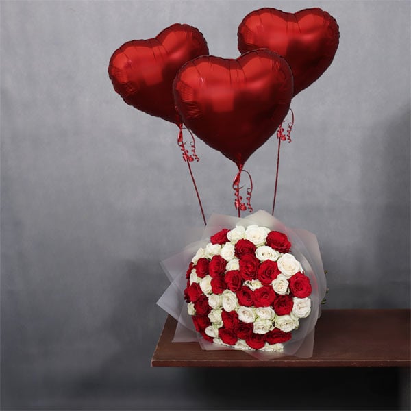 50Red Roses Bouquet With Heart Balloons - Image 1