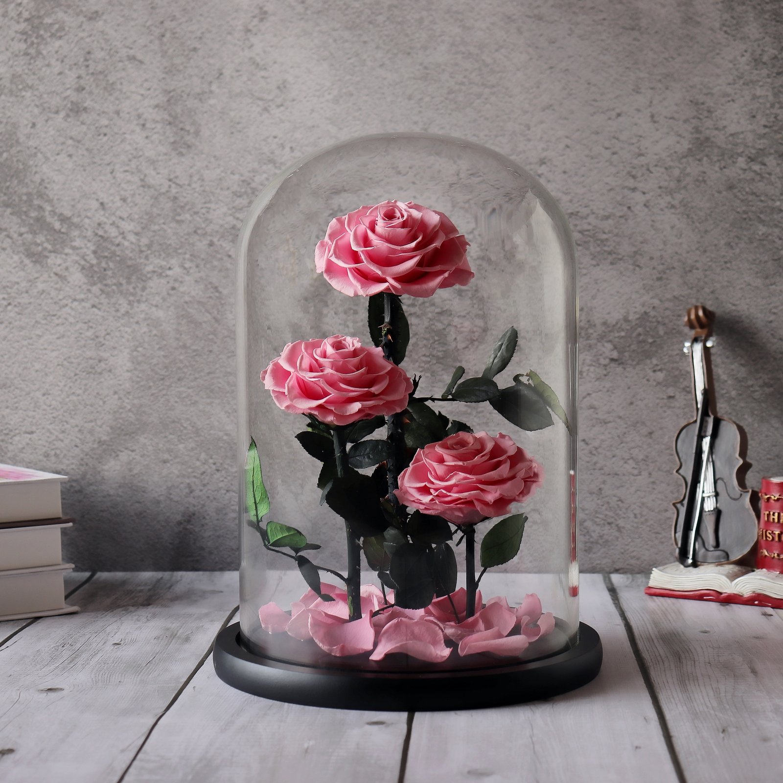 Three Perpetual Pink Roses in a Glass Dome - Image 1