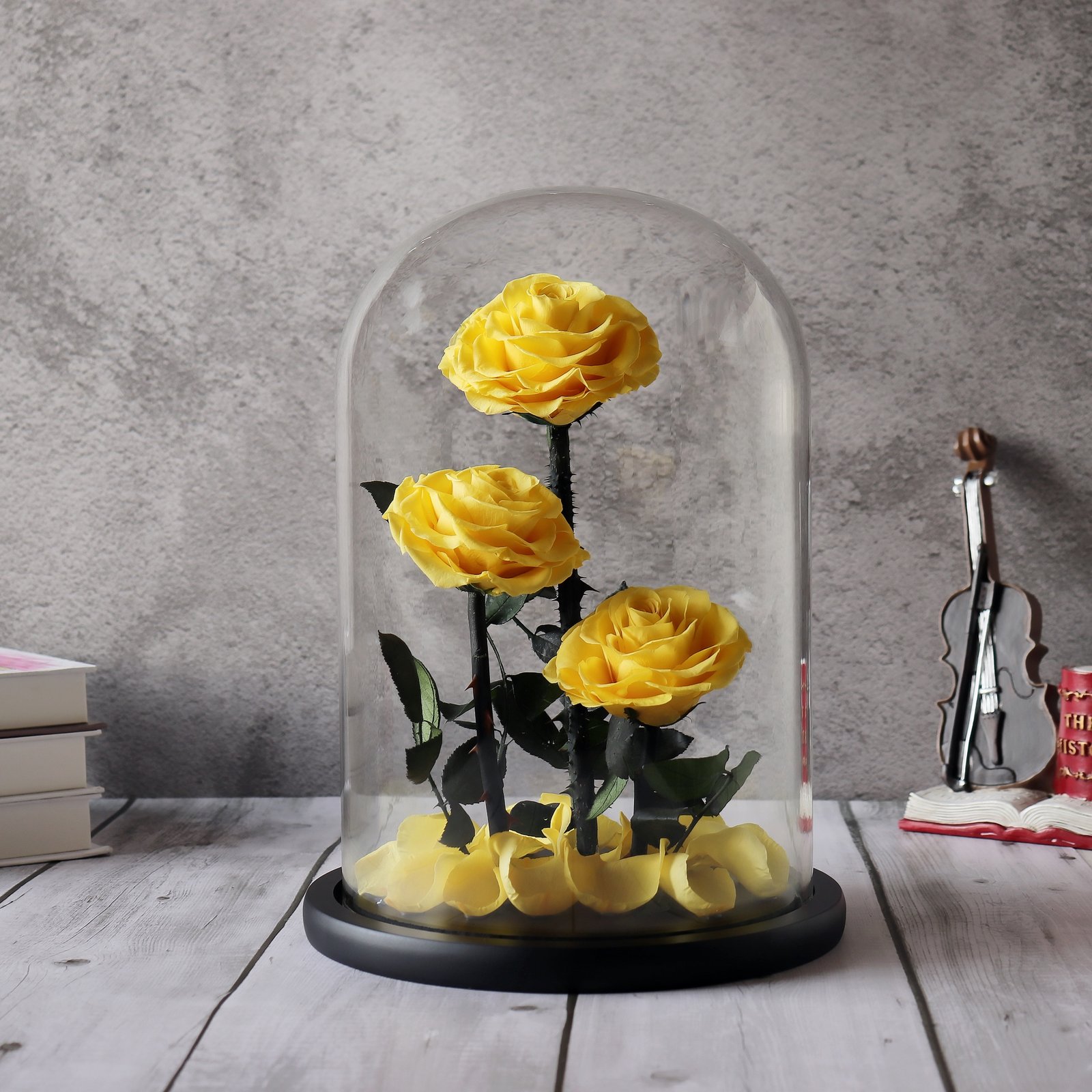 Three Perpetual Yellow Roses in a Glass Dome - Image 1