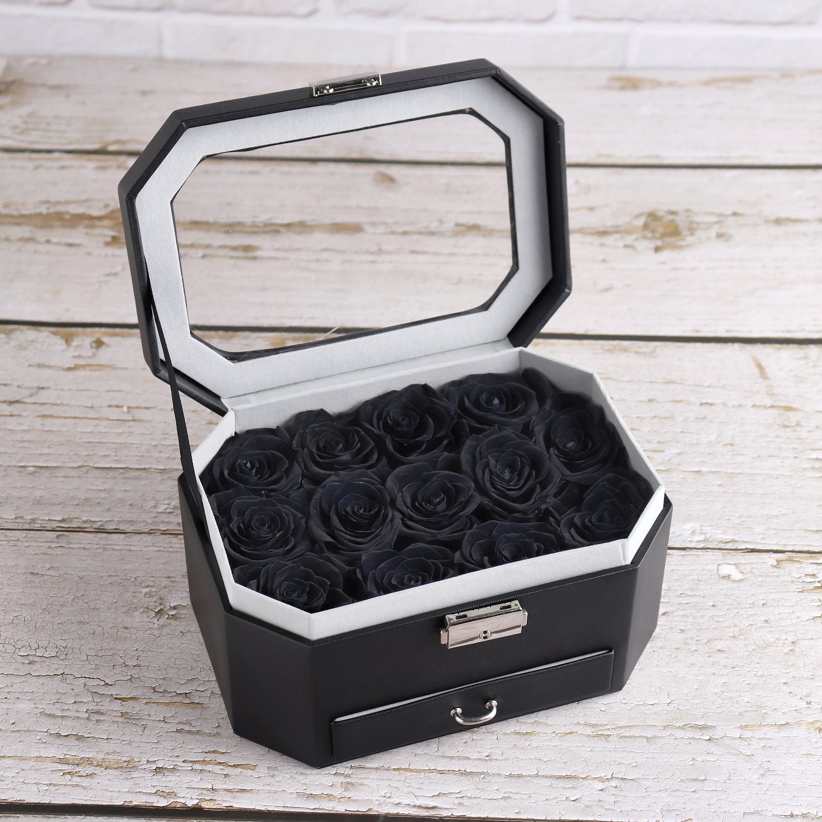 Black Flower Box With Long Lasting Roses - Image 1