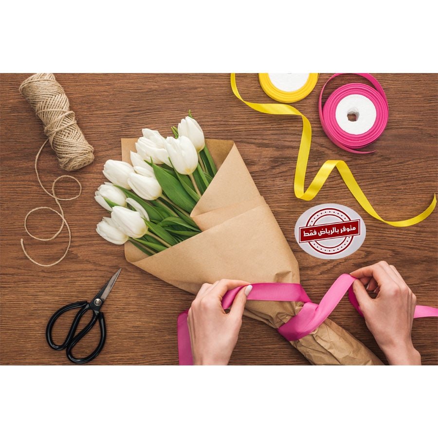 White Tulip Bouquet with Brown Packaging - Image 1