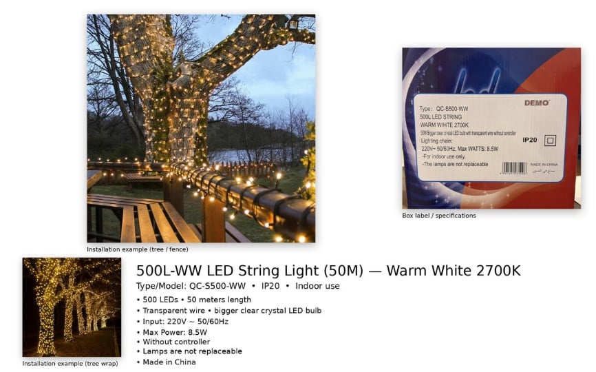 حبل إضاءة LED داخلي 50 متر - 500 لمبة لون أبيض دافئ ( 2700K)حبل  - صورة 3