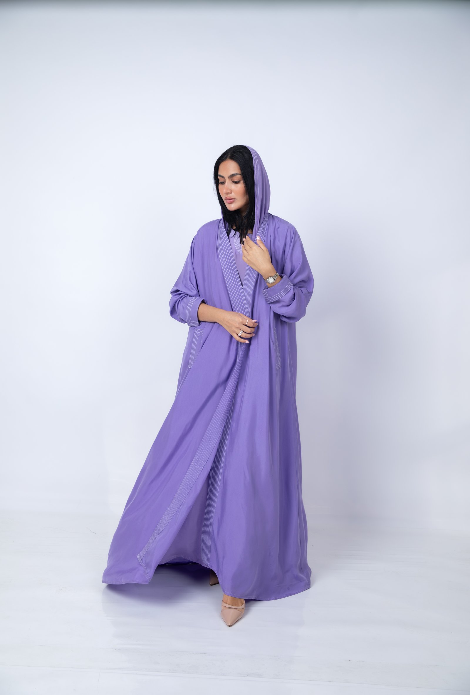 Lavender Japanese Silk Abaya with Soft White Stripes - Image 4