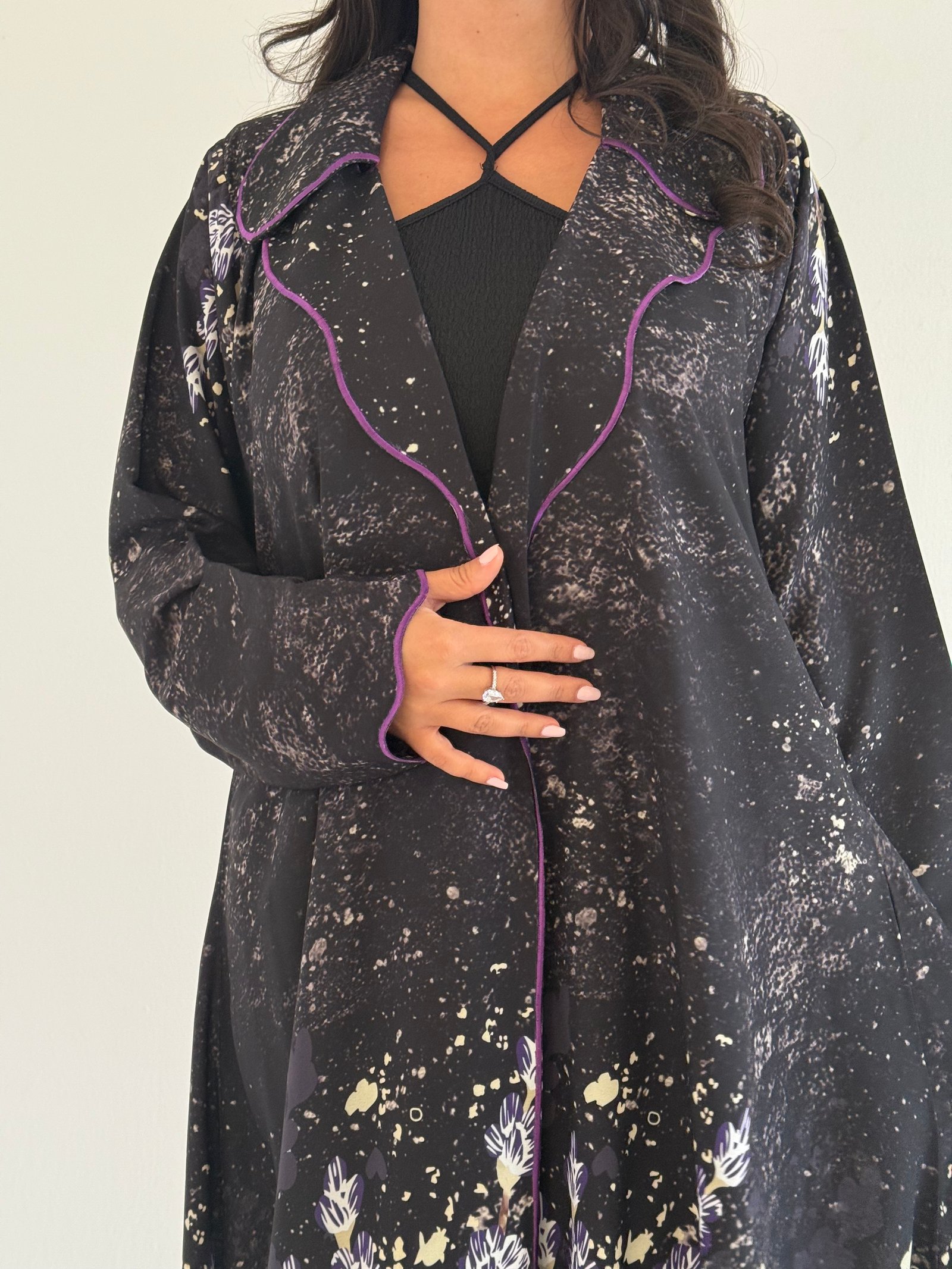 Black Lightweight Crepe Abaya with Lavender Embroidery - Image 2