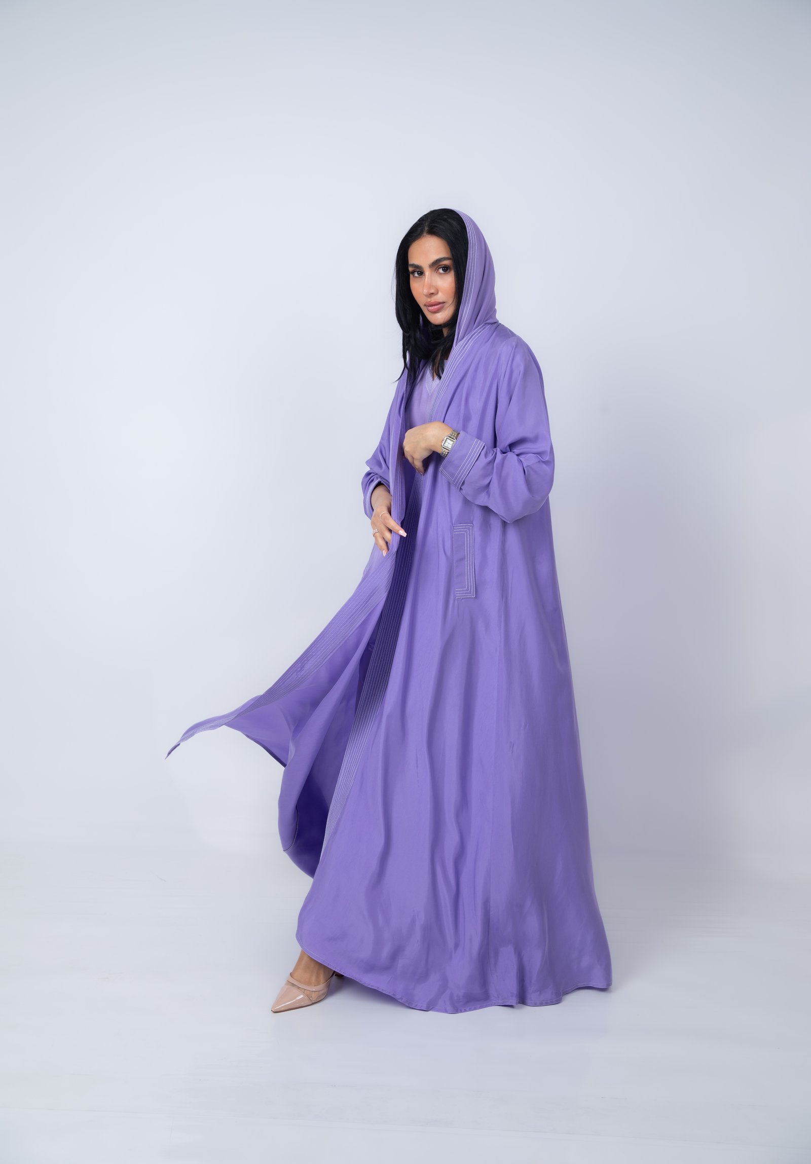 Lavender Japanese Silk Abaya with Soft White Stripes - Image 2