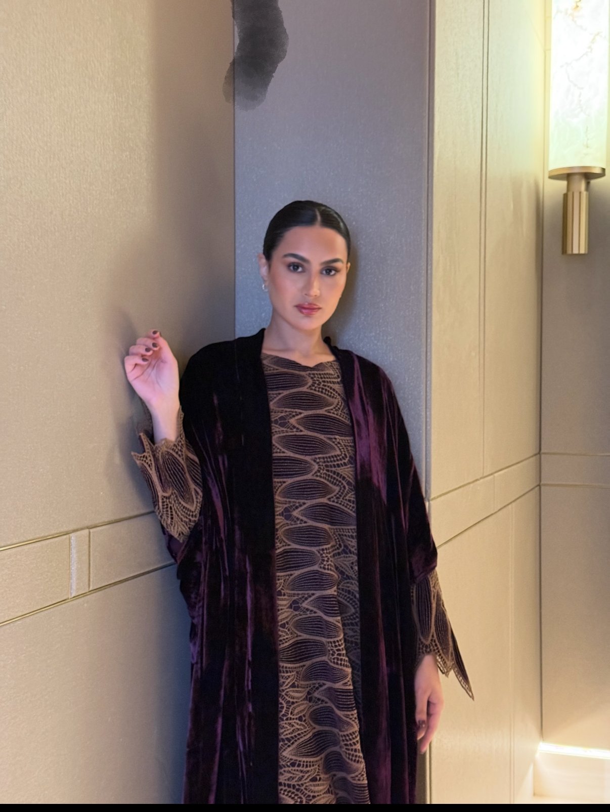 Velvet Abaya with Guipure Dress - Image 1