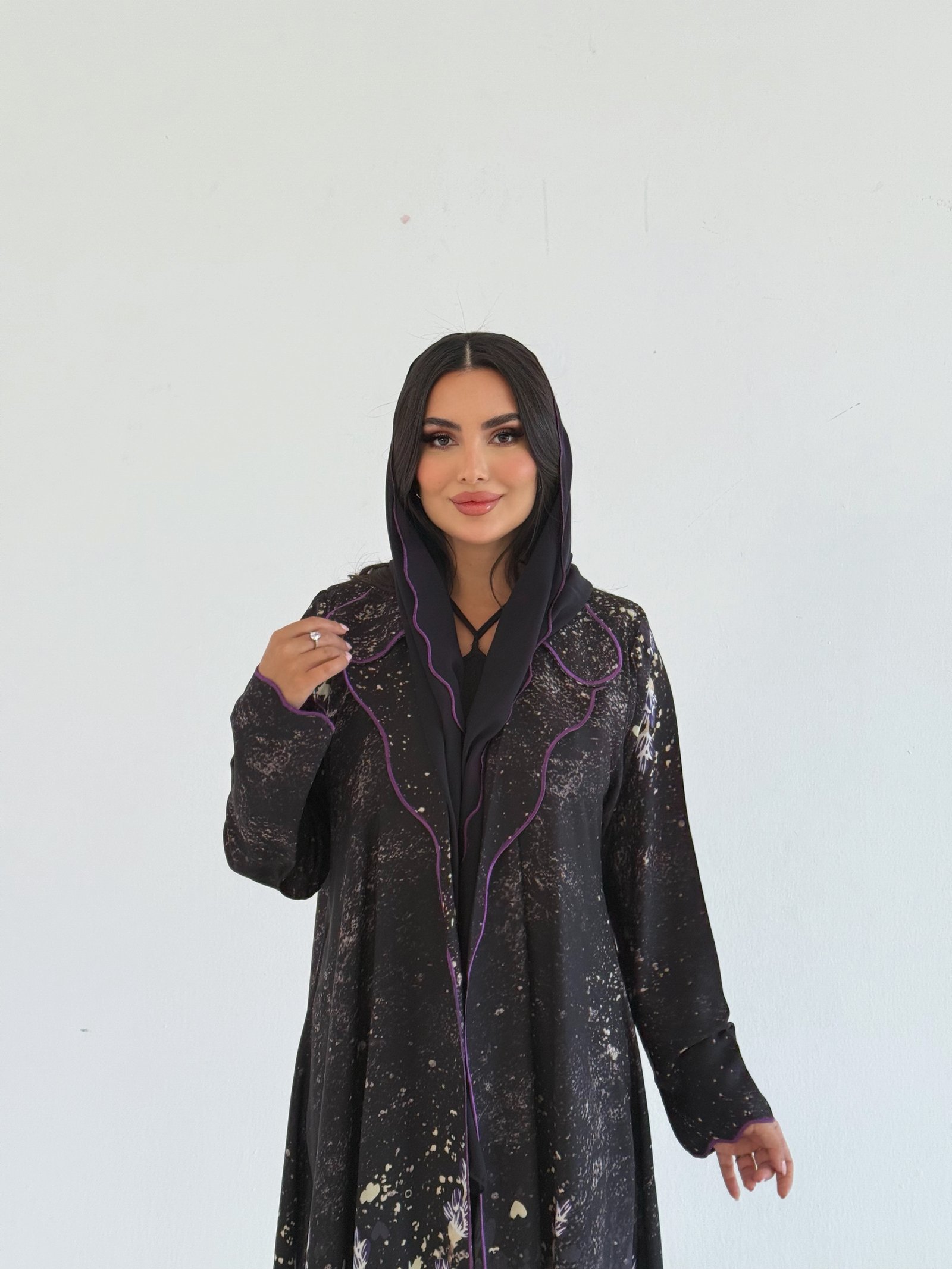 Black Lightweight Crepe Abaya with Lavender Embroidery - Image 1