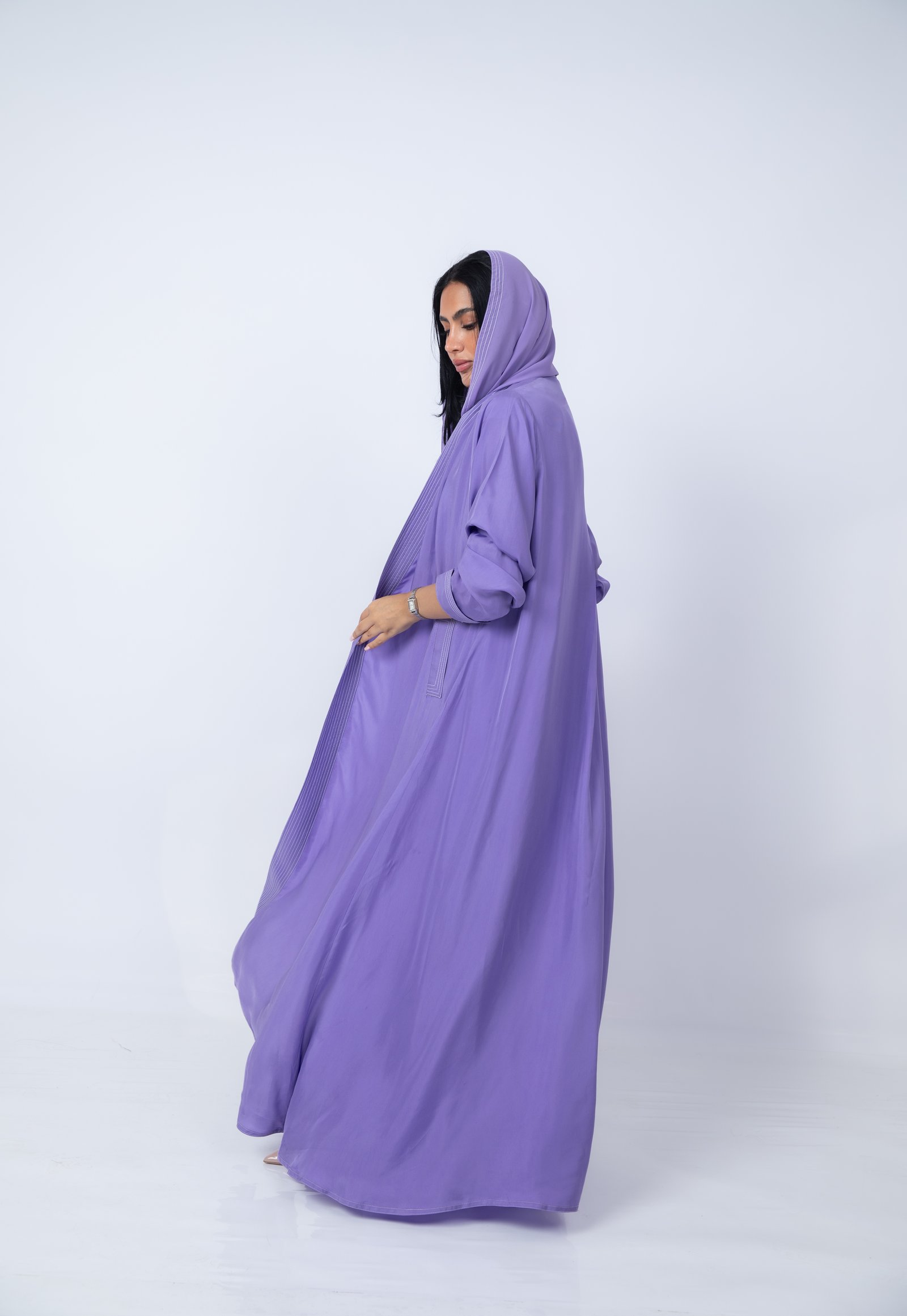 Lavender Japanese Silk Abaya with Soft White Stripes - Image 3