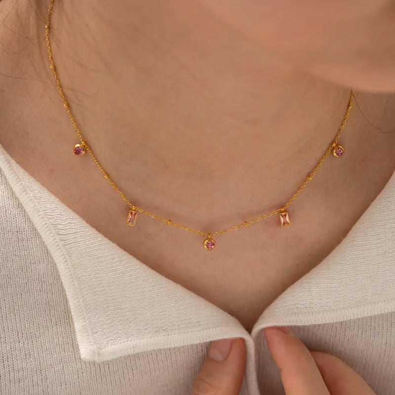 18k gold plated bracelet and necklace with pink rhinestones - Image 4