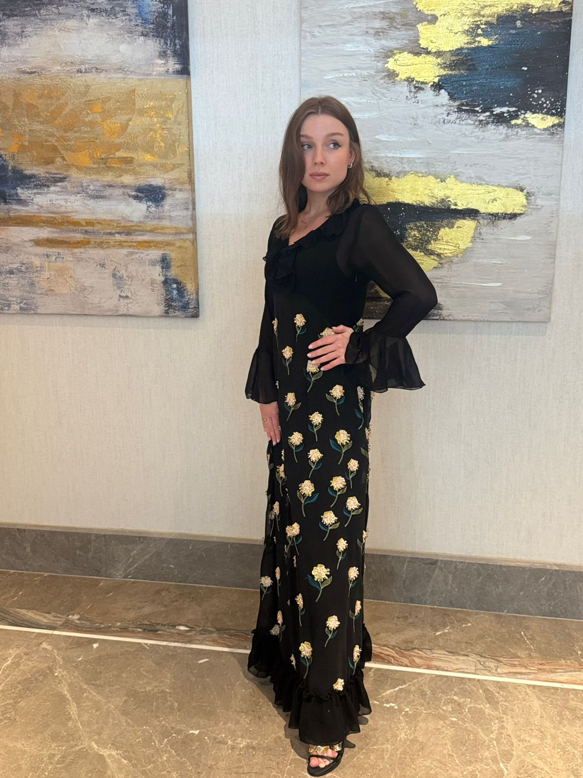 Black Floral Chiffon Dress - Image 2