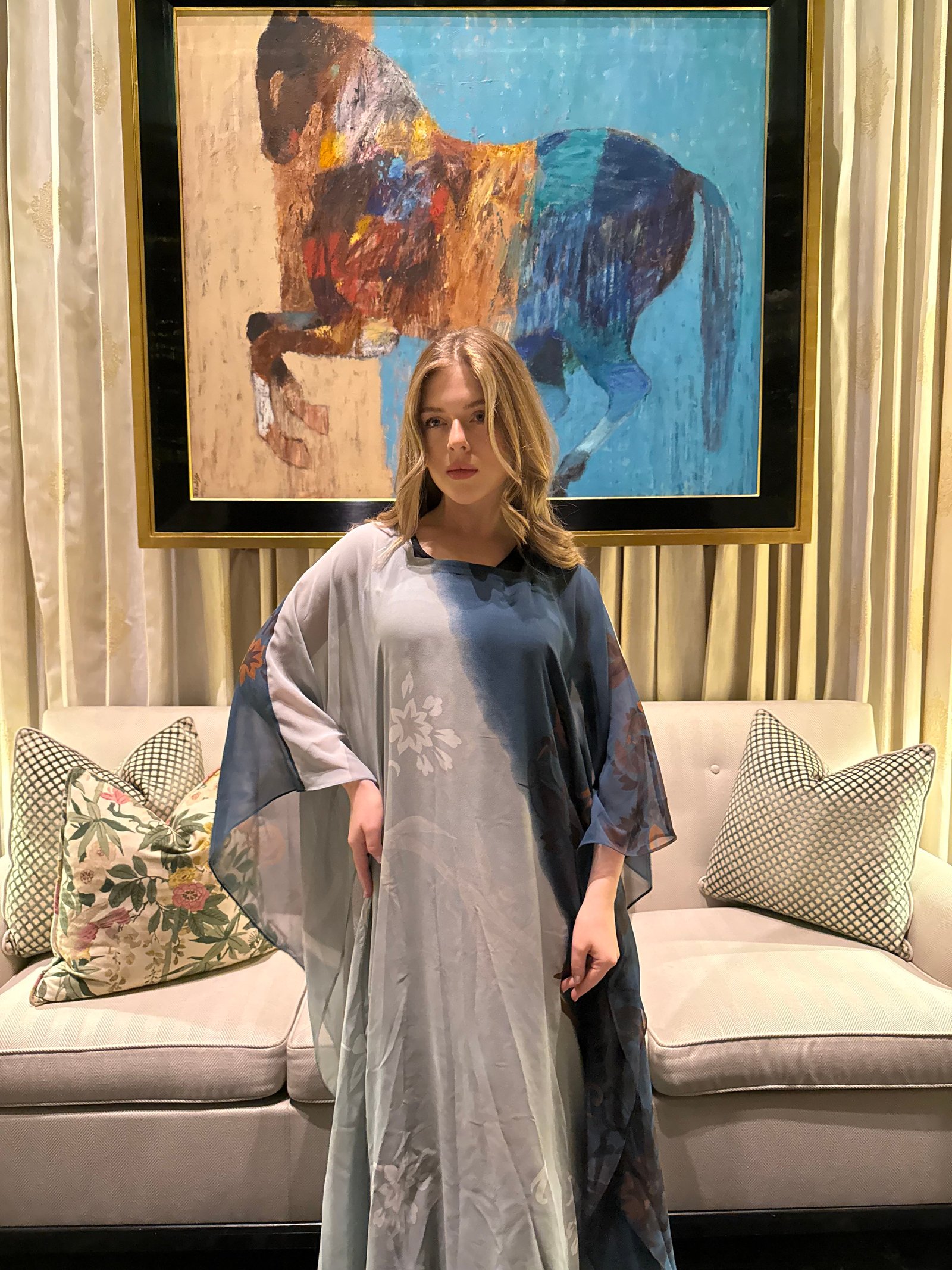Soft Green & Blended Blue Chiffon Kaftan - Image 1