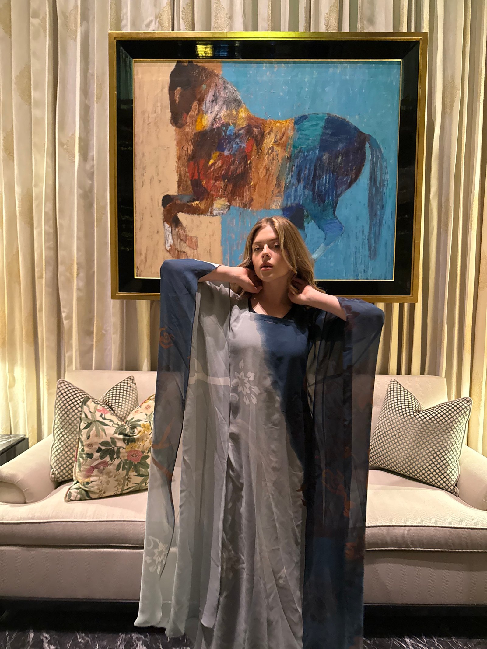 Soft Green & Blended Blue Chiffon Kaftan - Image 3