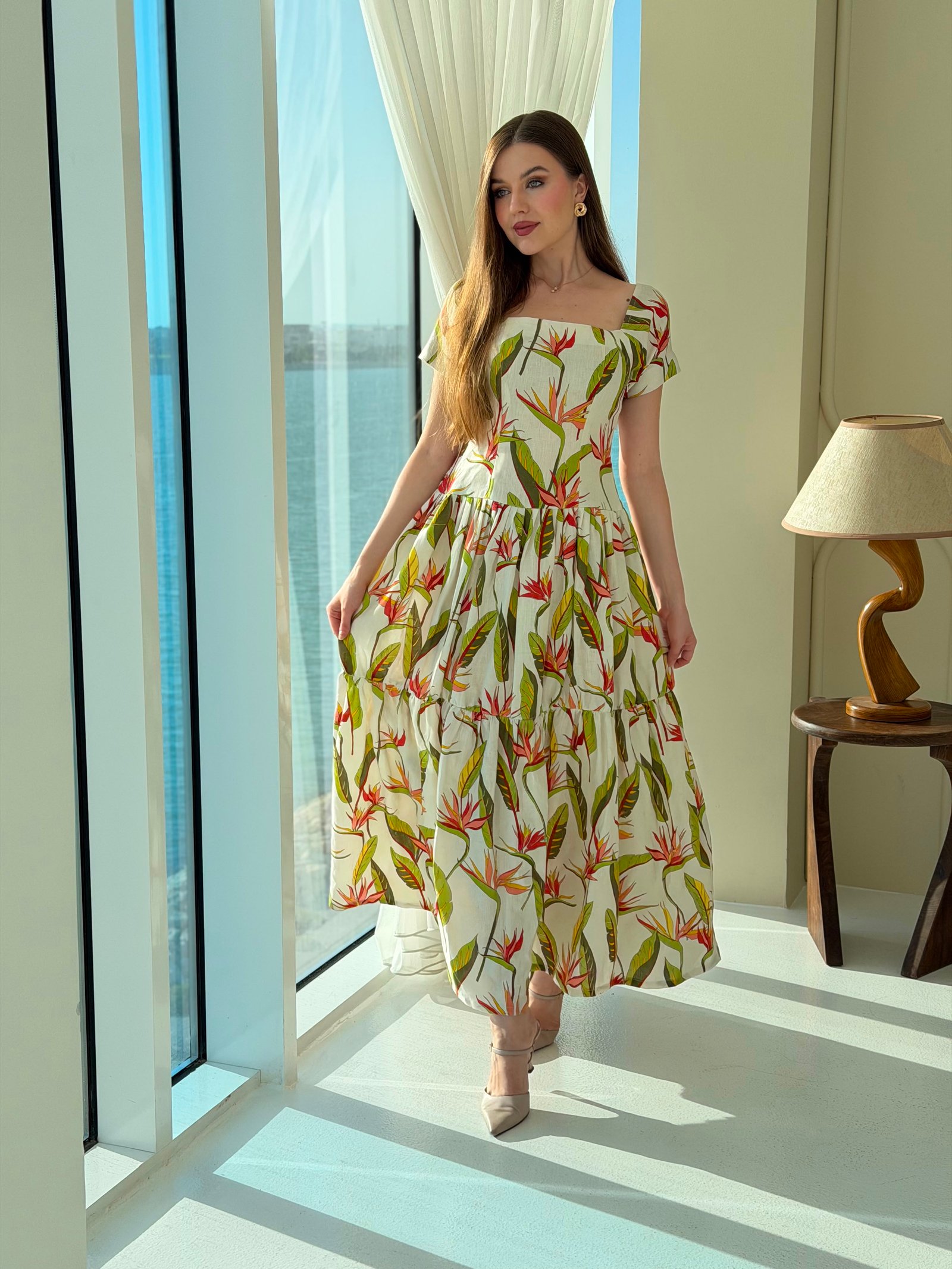 Italian Linen Tropical Print Maxi Dress - Image 1