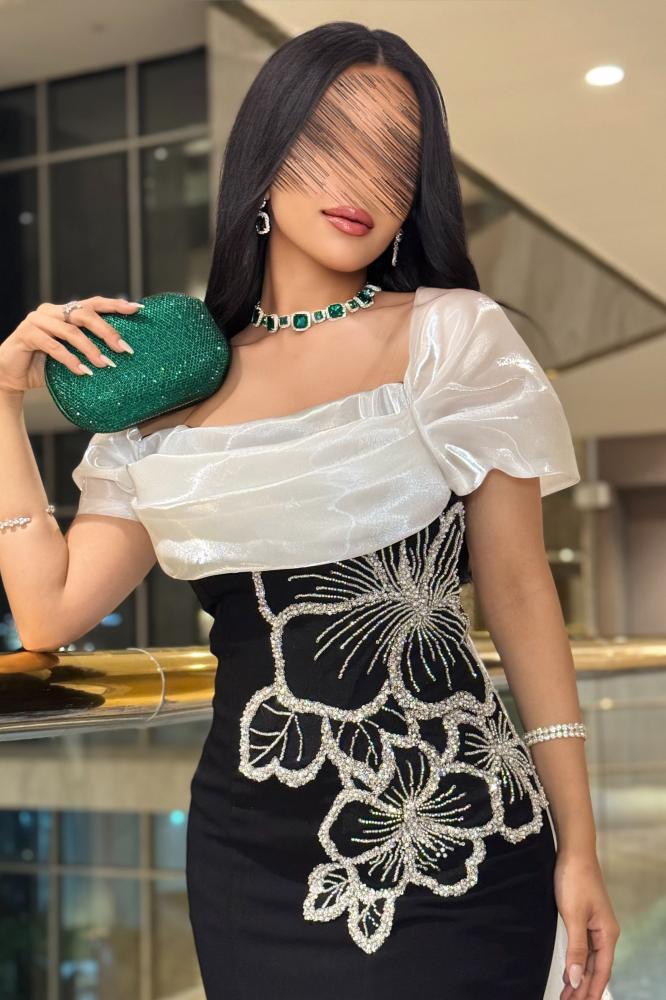 فستان سهره توب بأكمام مزين بالخرز لون اسود وابيض - صورة 6