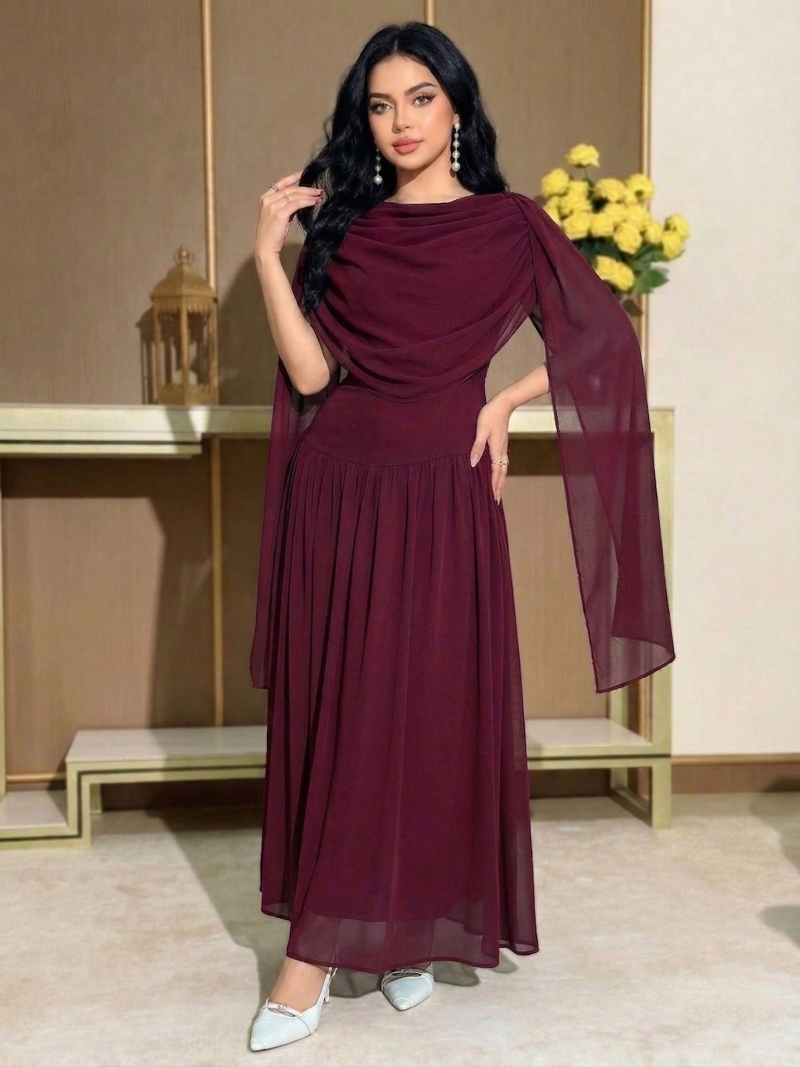 فستان شيفون برغندي من دفنا - صورة 3