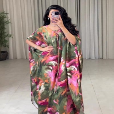 فستان نسائي طويل بأكمام الخفافيش مطبوع بتصميم عباية إسلامي أنيق - صورة 2