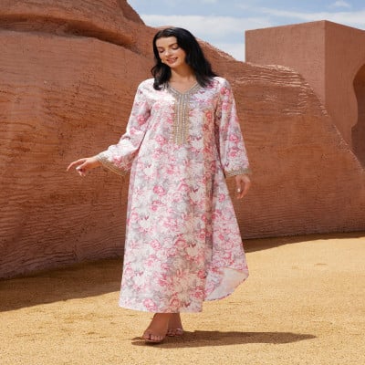 عباية عيد فستان نسائي طويل زهري برقبة على شكل V بتصميم قفطان عربي أنيق - صورة 1