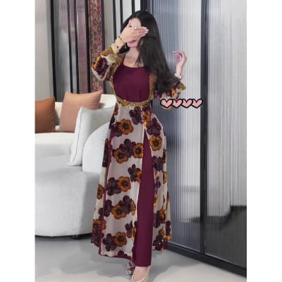 عباية فاخرة للعيد والحفلات بتصميم زهرة طباعة أنيق وطول مميز - صورة 1