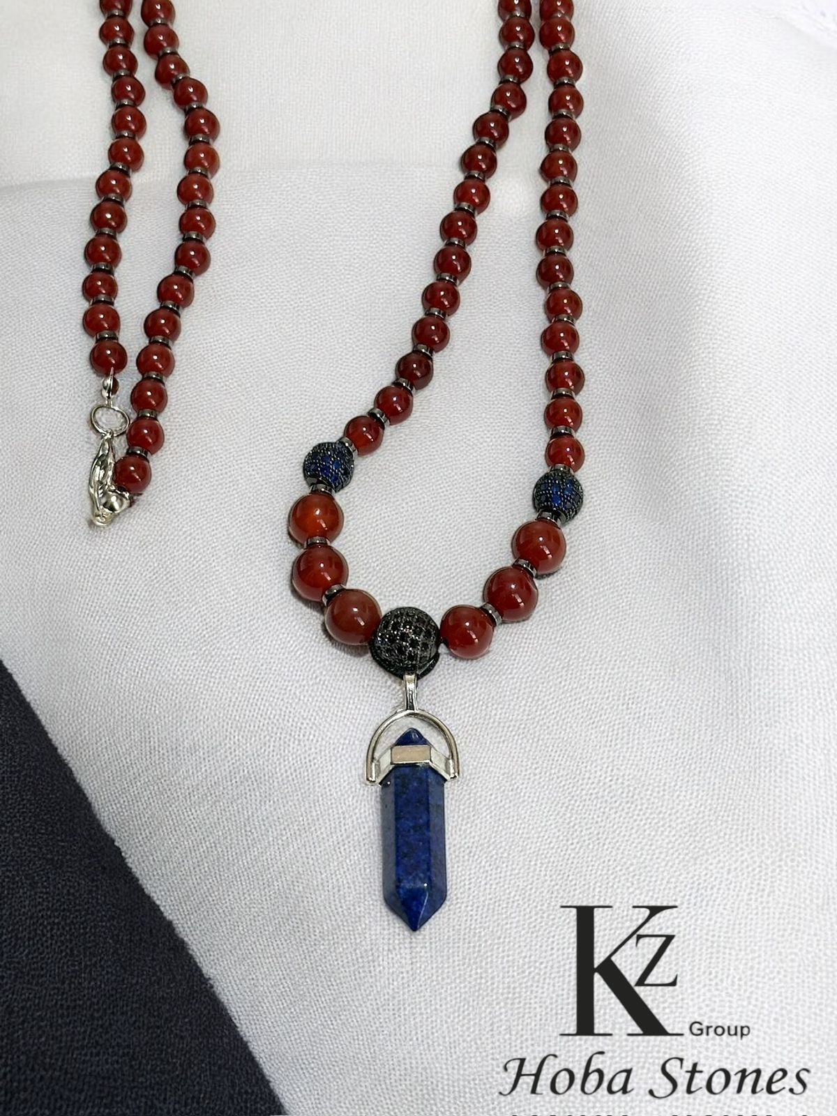 Red agate necklace with hematite separators and Lapis lazuli pendant - Image 1