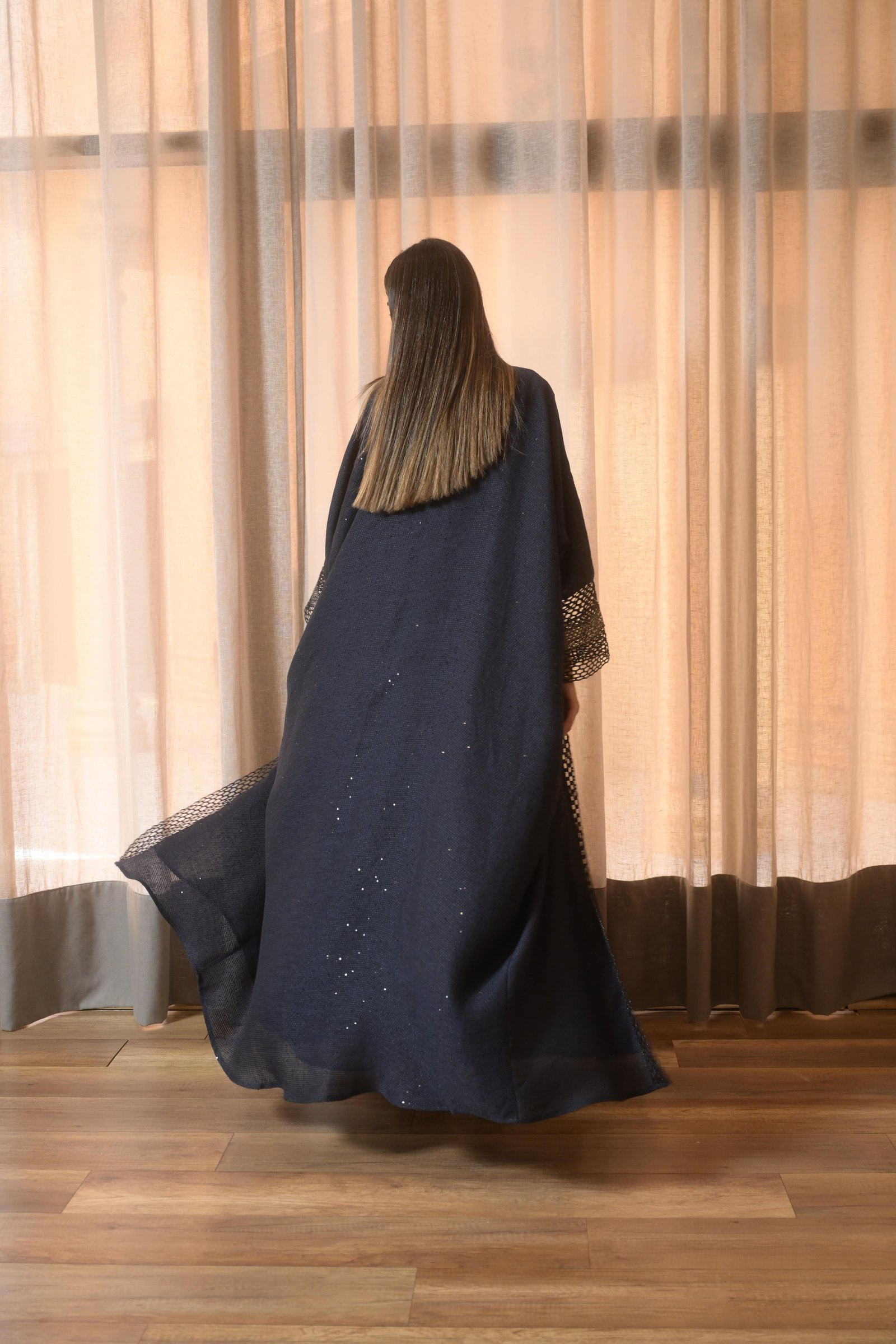 Navy sequence Abaya with lace - Image 5