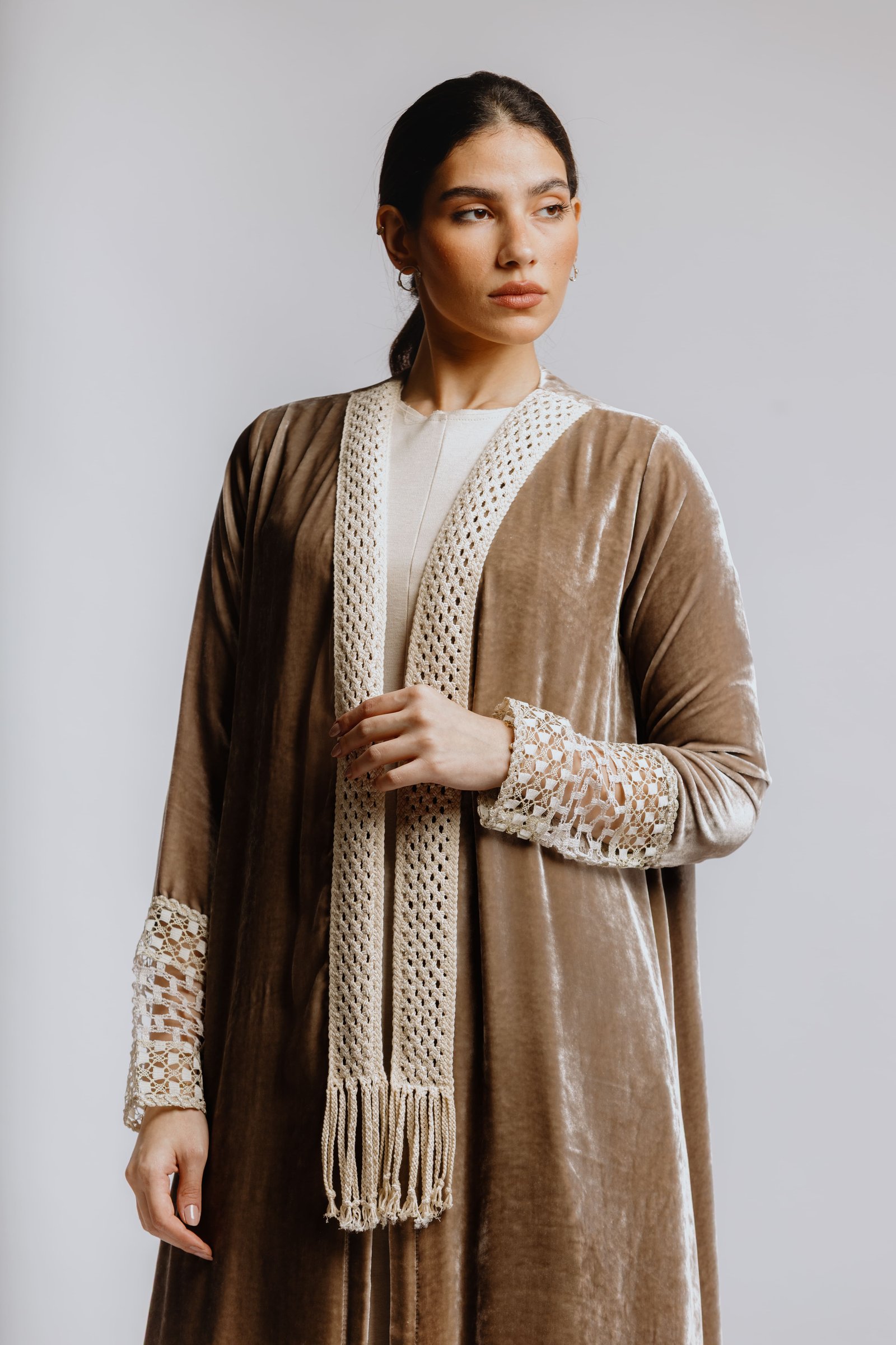 Baige velvet Abaya with Lace on sleeve - Image 4