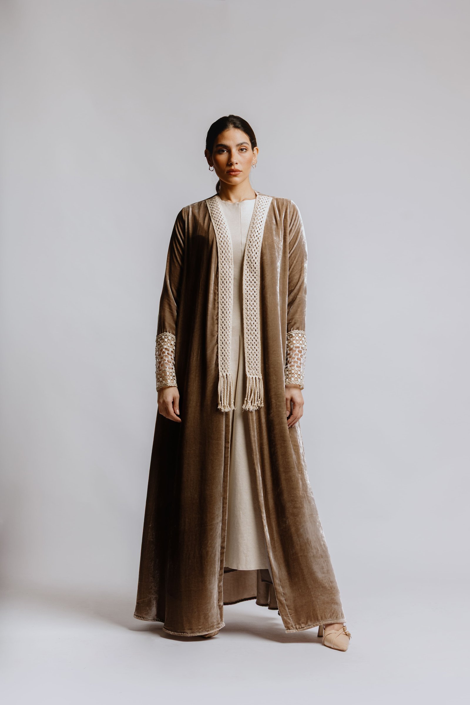 Baige velvet Abaya with Lace on sleeve - Image 3
