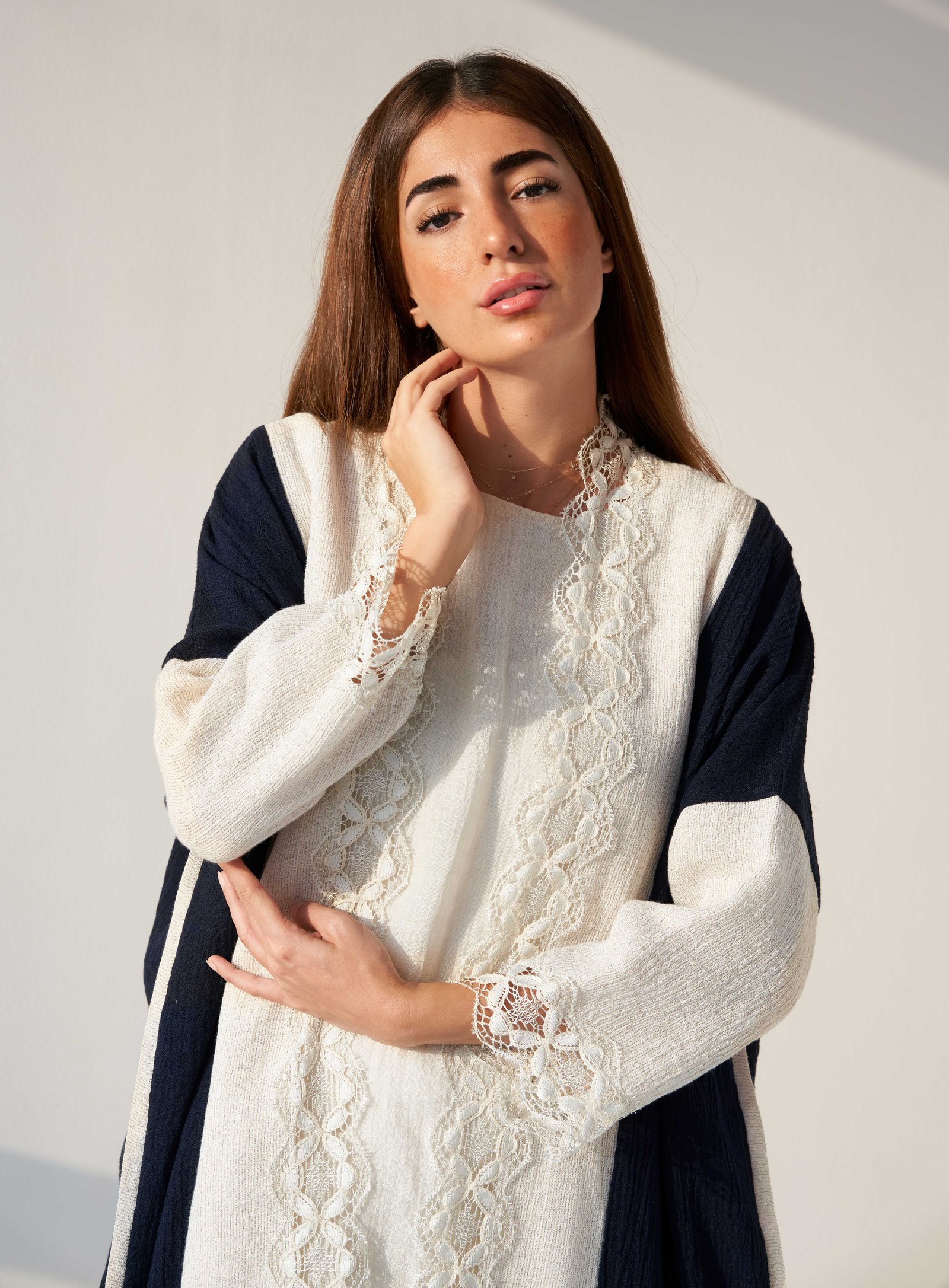 Collar And Sleeve Lace Abaya - Image 1