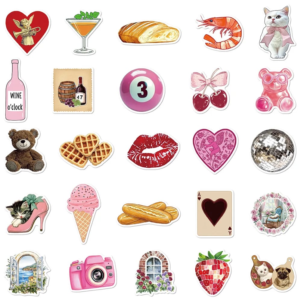 50Pcs Cute Pink Pinterest Stickers Coquette DIY Stickers Scrapbooking Phone Luggage Skateboard Waterproof Decals - Image 1