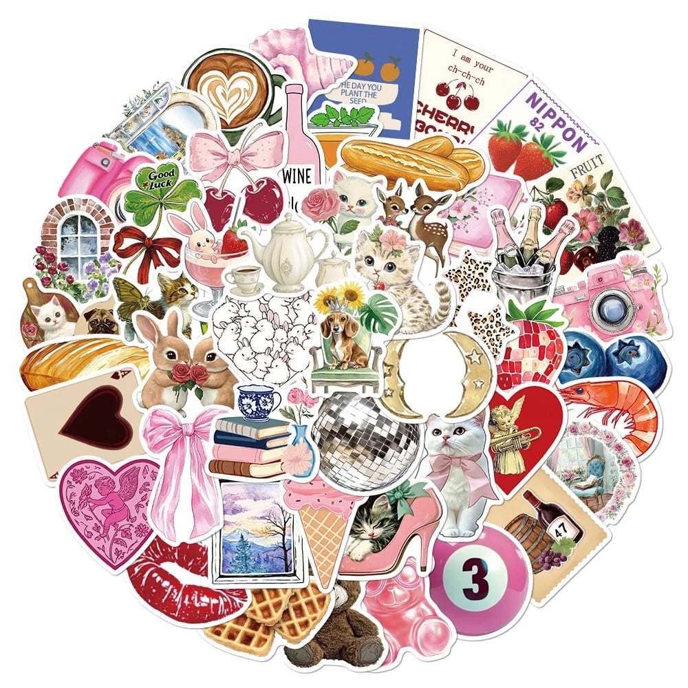 50Pcs Cute Pink Pinterest Stickers Coquette DIY Stickers Scrapbooking Phone Luggage Skateboard Waterproof Decals - Image 2