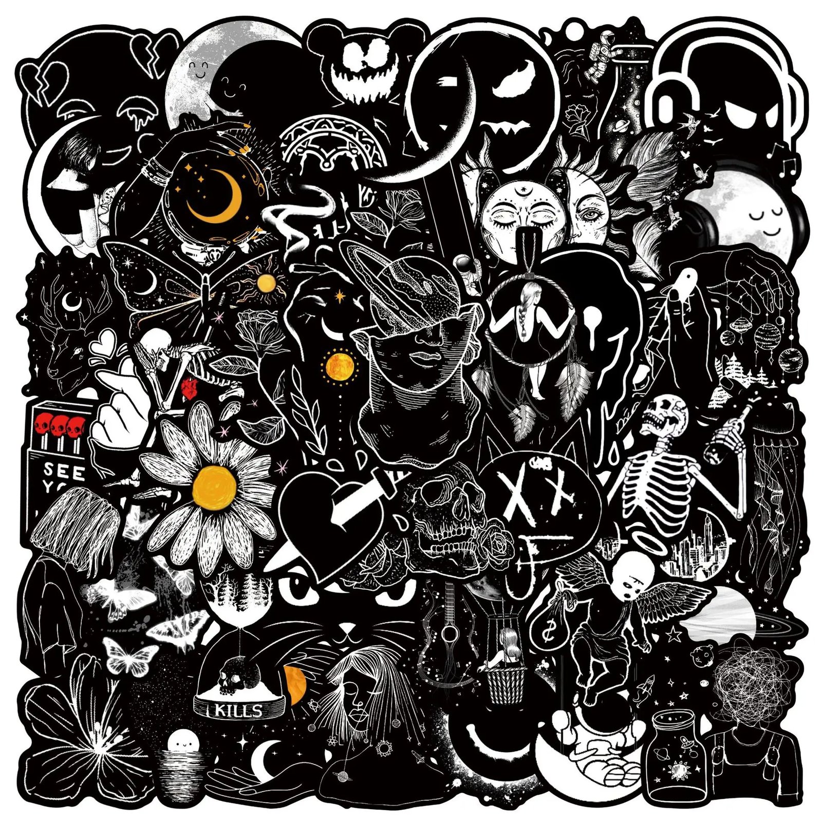 50Pcs Black And White Art Styling Stickers Laptop Luggage Phone Case Guitar Fridge Car Motorcycle Cool Ins Decals - Image 1