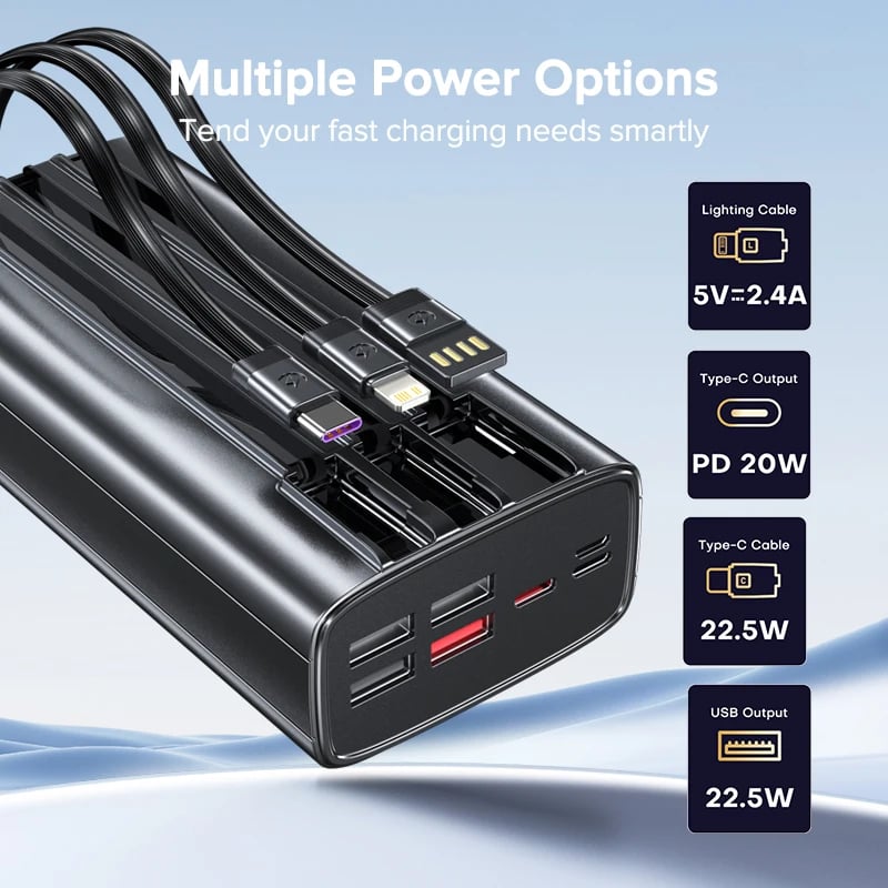 QOOVI 30000mah Power Bank 22.5W Fast Charging Built-in Cable External Large Battery Portable Charger For iPhone Samsung Xiaomi - Image 2