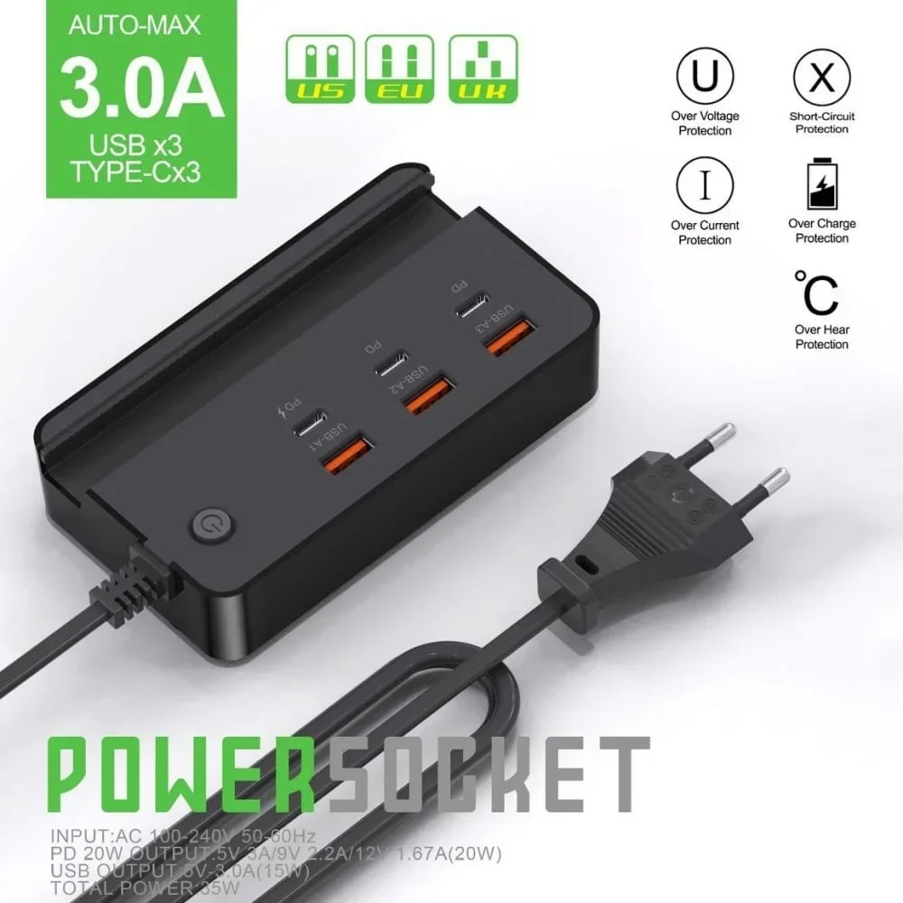 USB Type C Phone Charger Socket 35W 6 Ports Fast Charging Desktop Power Strip With Phone Holder For iPhone Samsung Xiaomi Huawei - Image 7