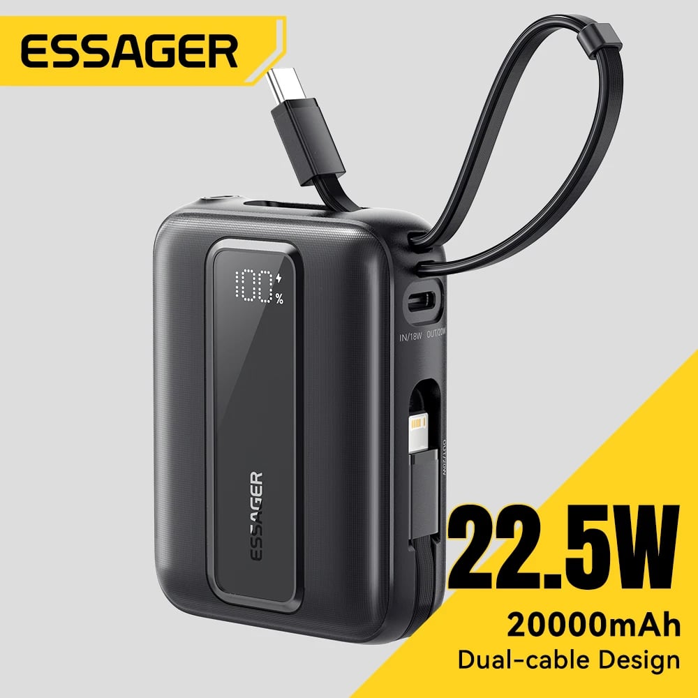 Essager 20000mAh Power Bank Portable Charger Powerbank With built-in 2 Cables 22.5W Fast Charge External Battery For iphone 16 - Image 1