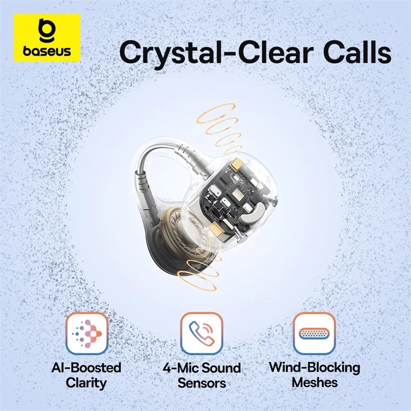 Baseus BC1 Ear Clip Earbuds Open Ear Wireless Earphones Bluetooth 6.0 Clip On Sports Headphones 4-Mics Super Bass IP55 Ear buds - Image 3