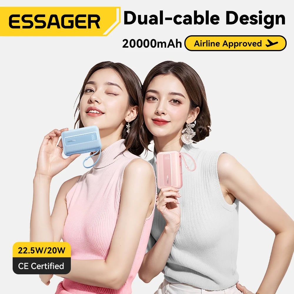 Essager 20000mAh Power Bank Portable Charger Powerbank With built-in 2 Cables 22.5W Fast Charge External Battery For iphone 16 - Image 3