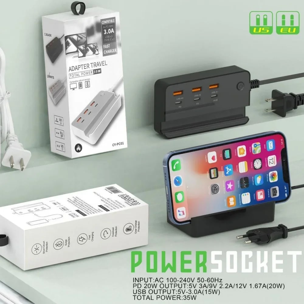 USB Type C Phone Charger Socket 35W 6 Ports Fast Charging Desktop Power Strip With Phone Holder For iPhone Samsung Xiaomi Huawei - Image 1