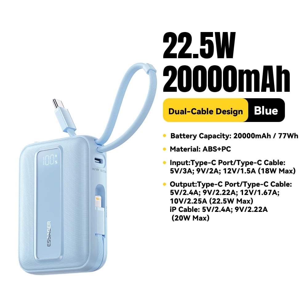 Essager 20000mAh Power Bank Portable Charger Powerbank With built-in 2 Cables 22.5W Fast Charge External Battery For iphone 16 - Image 10